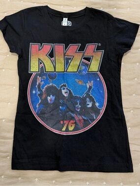 Kiss Black Tee with Yellow & Blue '76 Band Graphic